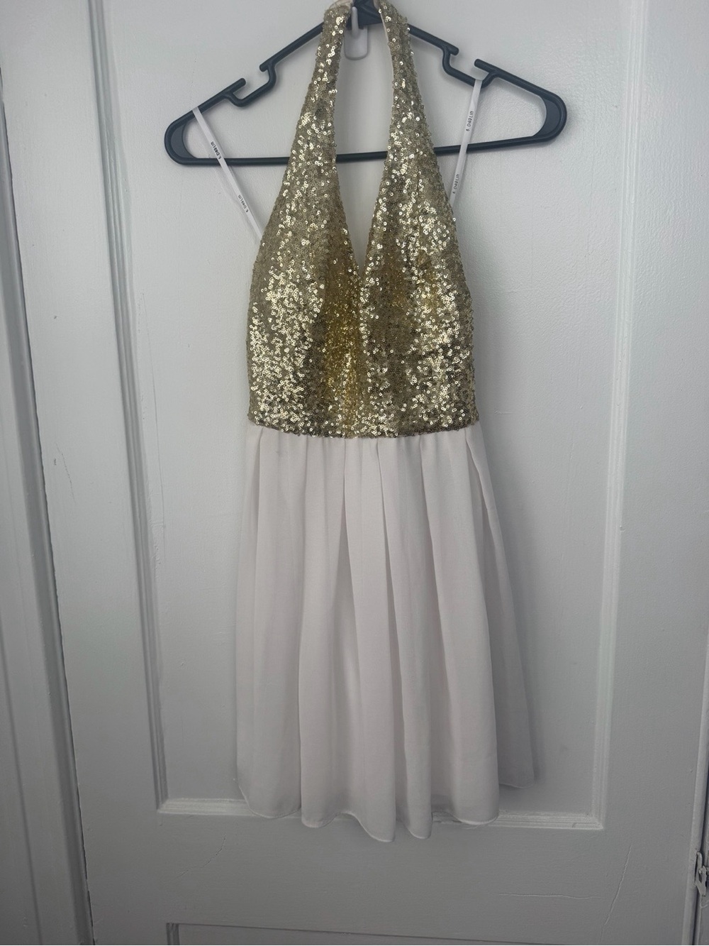 Darlin Gold Sequin & Ivory Chiffon Halter Dress 1/2